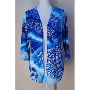 Chicos 1 Size Medium Cardigan Blue White Linen Blend Open Front Top M